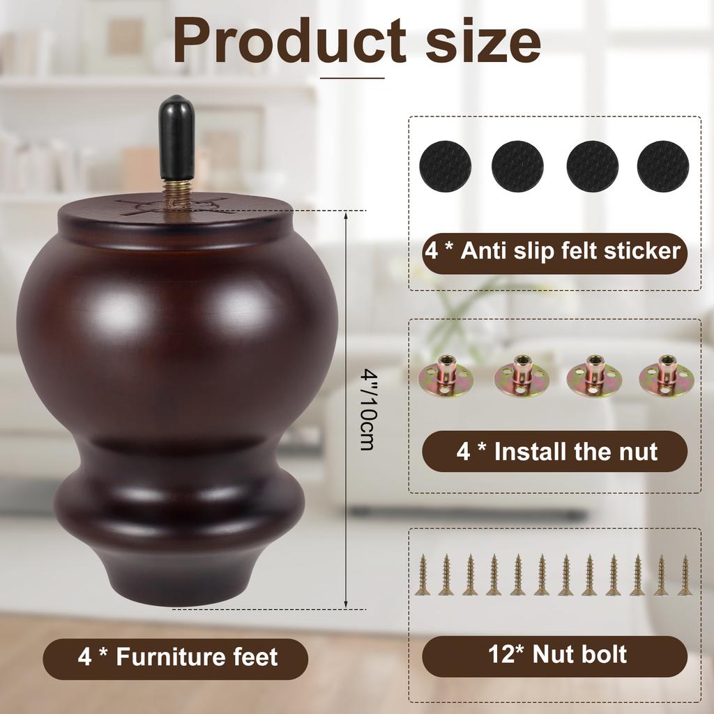 Set de picioare de mobilier de 4 buc. Picioare de canapea din lemn masiv, accesorii pentru picioare, înălțime de 4 inci, pentru masă de cafea, dulap TV, picioare din lemn