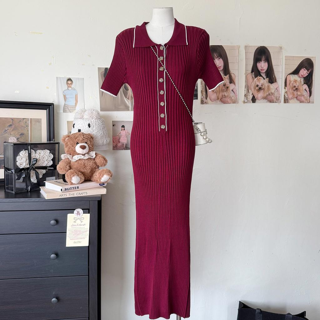 Short-sleeved Lapel Knitted Skirt Women's 2025 Summer and Autumn New Pit Strip Single-breasted Tight Mid-length Dress