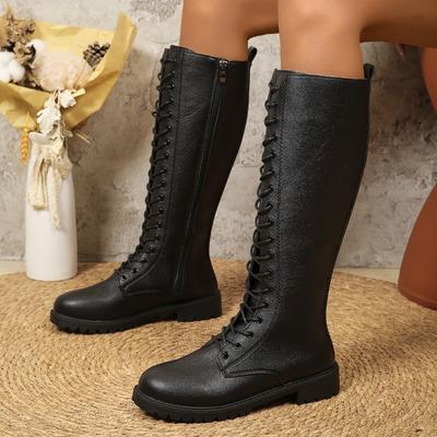 Mode Winter Neue Dicke Ferse Einzelstiefel Damen Runde Zehenpartie Spleißen Riemen vorne Weiche Sohle Rutschfest Verschleißfest Hohe Stiefel