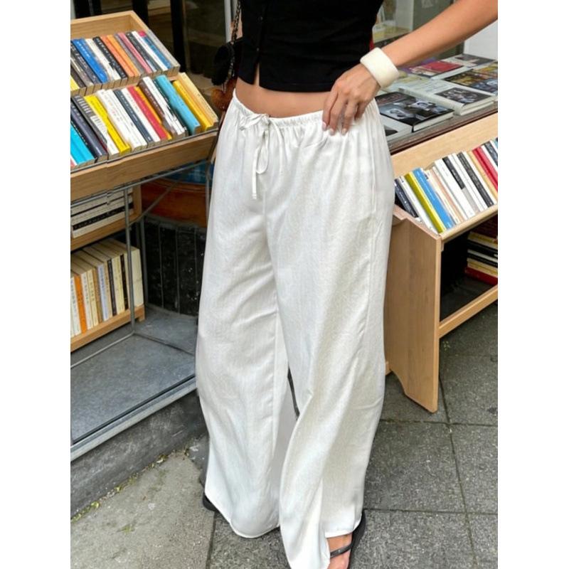 Women Elastic Drawstring High Waist Wide Leg Pants With Pockets Loose Fit Lightweight Casual Trousers For Summer