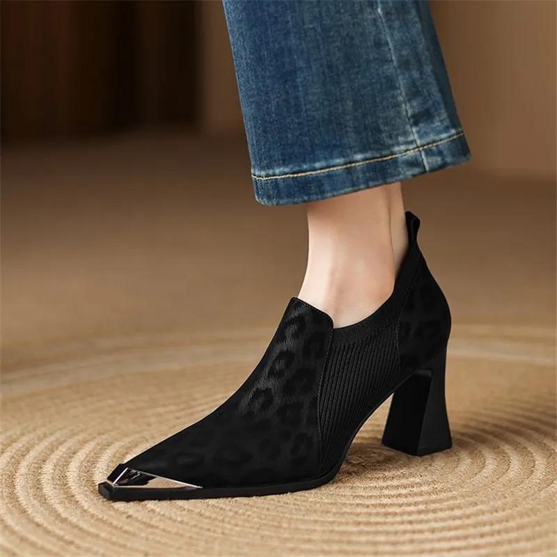 Fashion New Spring Genuine Leather Shoes for Women Fashion Pointed Toe Leopard Print Women Pumps Shoes Chunky Heels Loafers High Heels