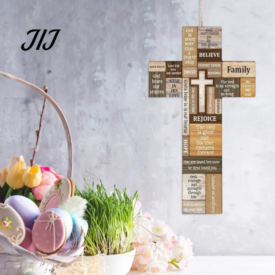 Rustic Wall Decor Easter Wooden Cross Ornament, Hanging Pendant with Hemp Rope for Decor, Religious Home Decoration, Solid Wood Scripture Sign
