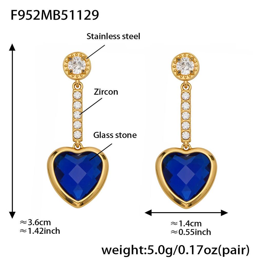 Colorful Heart Glass Stone Tassel Earrings & 18K Gold Plated Stainless Steel Necklace