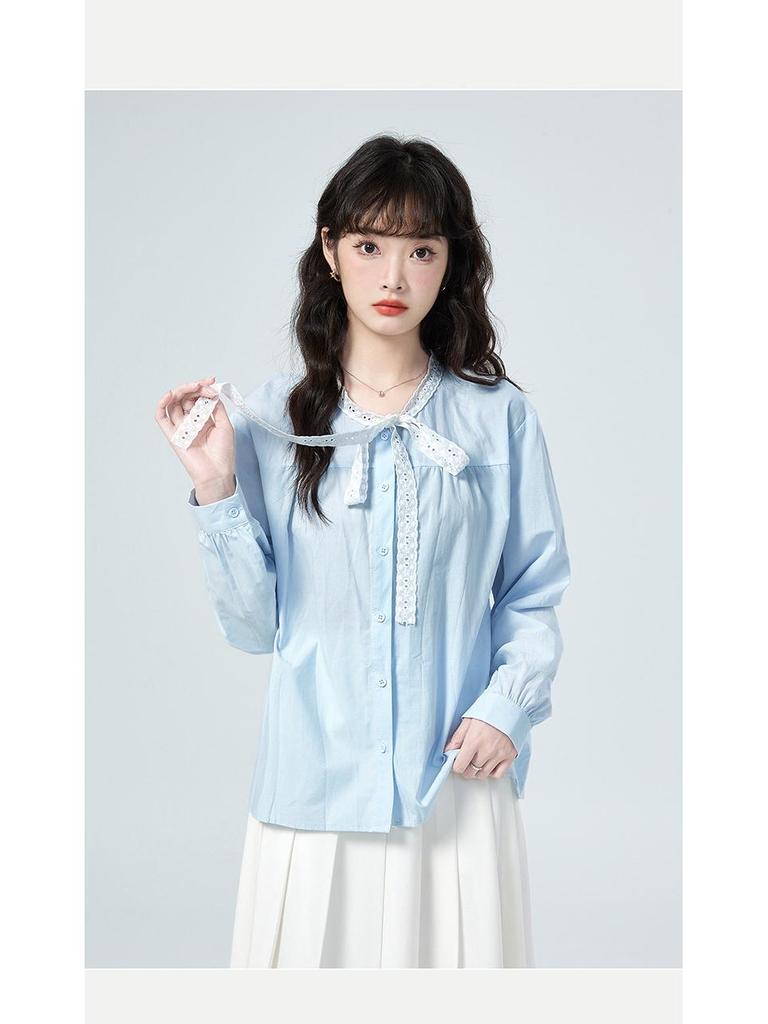 2026 Spring Lace Tie Loose Collar Long Sleeve Women's Shirt