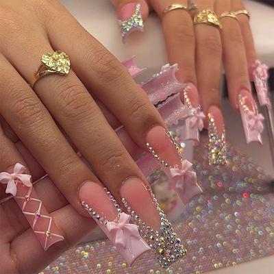 24 Stück Elegante Lange Quadratische Falschnägel mit Niedlichen 3D-Schleifen und Strass-Designs Einfache Anwendung Aufdrücknägel für Frauen