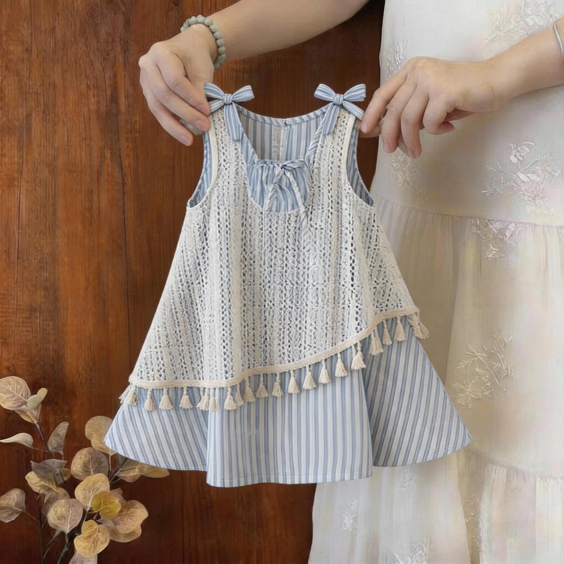 Girls Summer Lace Spliced Striped Dress With Bowknot And Tassel Decoration Stylish Princess Dress For Little Girl 90cm