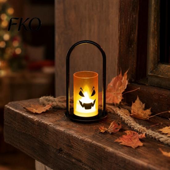 Flameless Ghost Lantern Halloween Face Candle Light, Battery Powered LED Lamp, Portable Iron Handle Lamp Detachable Decorative Light for Home