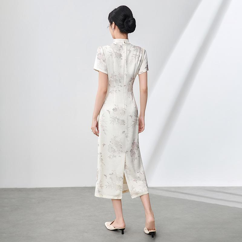 Women's Summer Pearl Frog Button Qipao Dress - New Chinese Style Print with Stand Collar