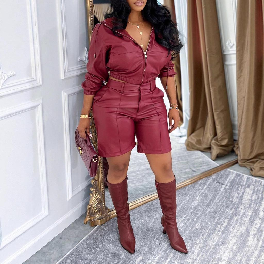 Women's European Hooded Leather Jacket & Shorts Set - Long Sleeve Casual Autumn/Winter Fashion Outerwear.