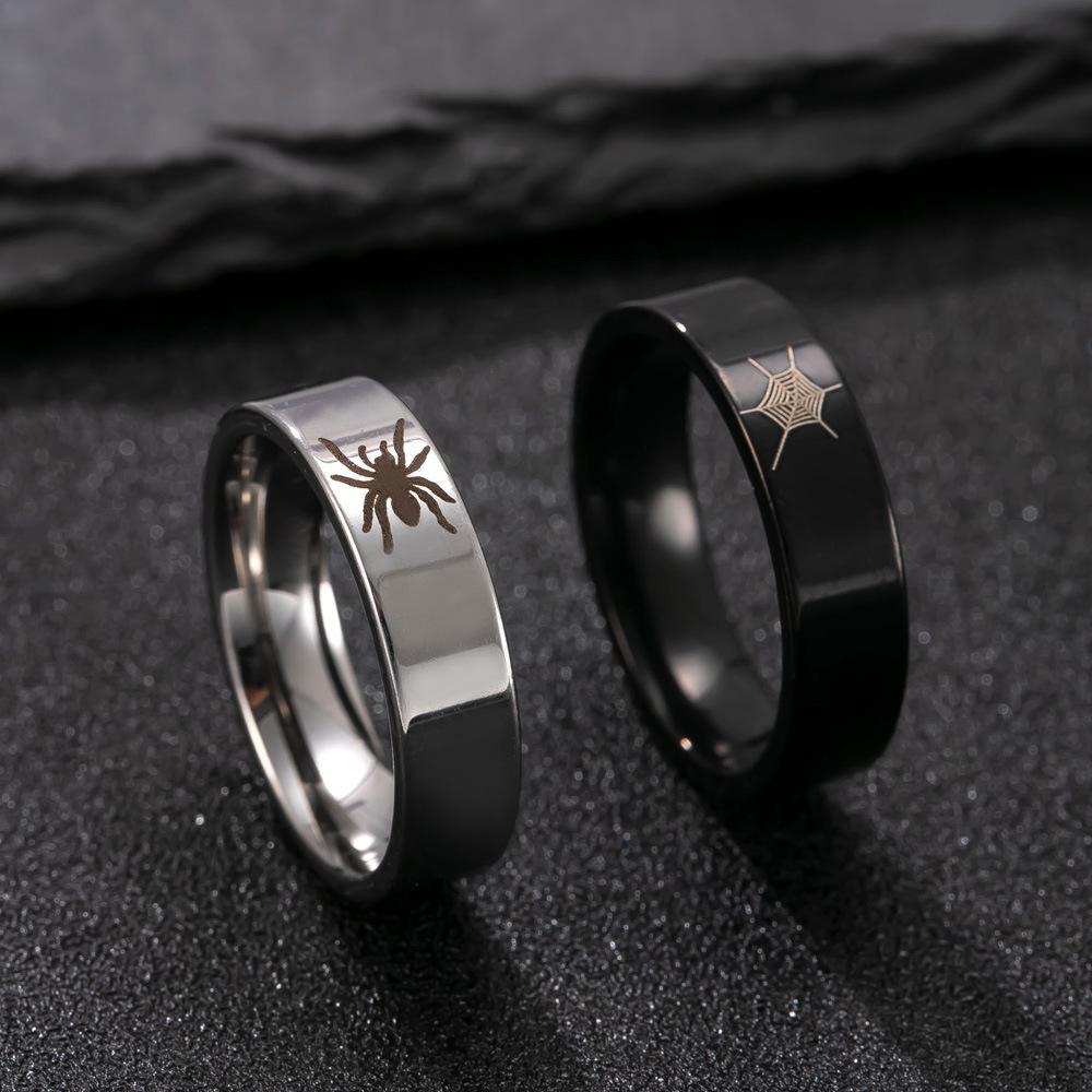 Titanium Steel Jewelry Marked Spider Web Bat Couple Rings Personality Punk Stainless Steel Ring Set