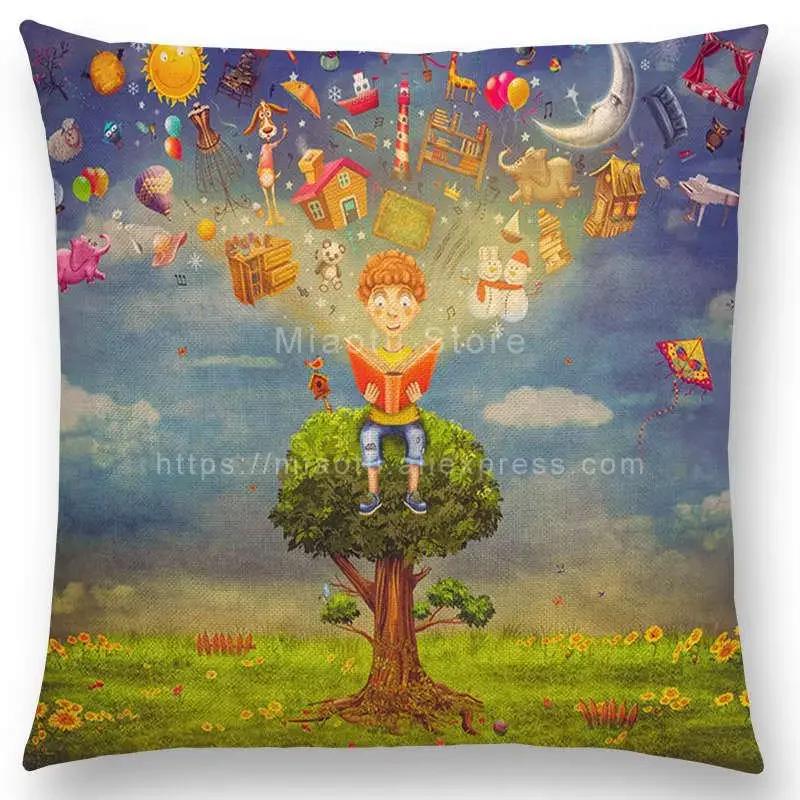 Latest Mysterious Imagine Animals Cushion Cover Forest Raven Fantasy Clouds Sky Moon Stars Earth Dream Girl Prints  Pillow Case