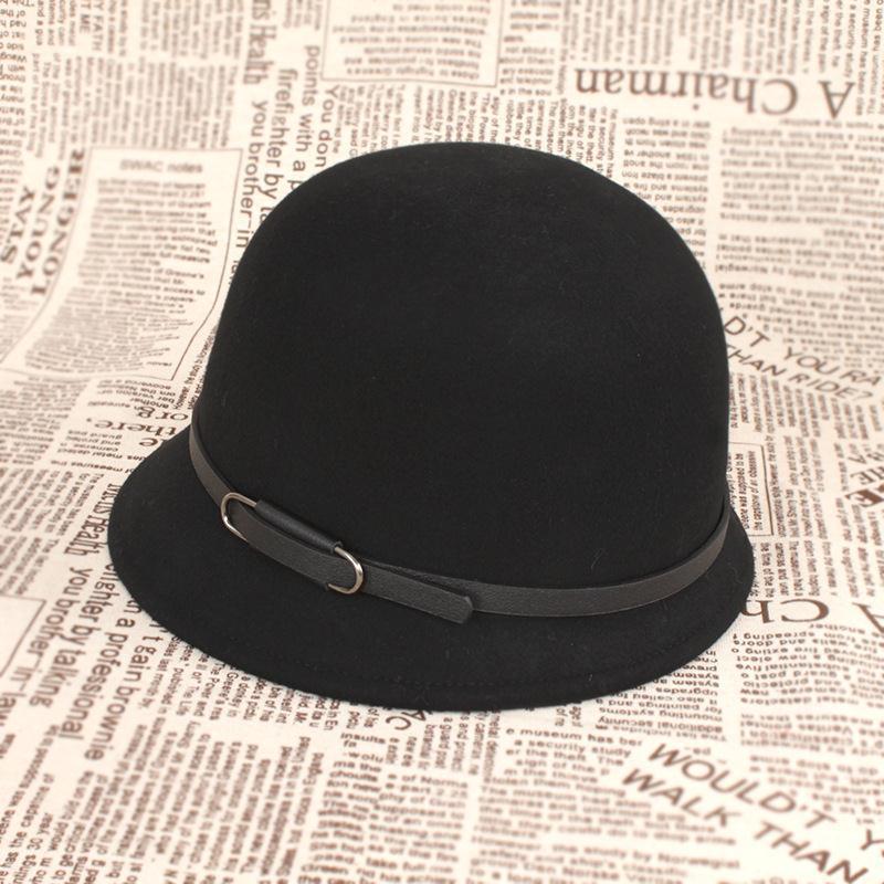 Autumn and winter wool woolen hat women's retro belt decoration multi-colored basin hat bucket hat wool felt hat