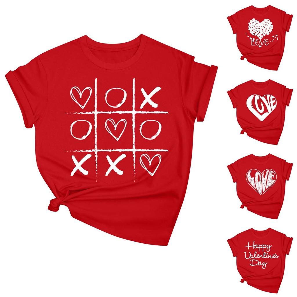 Women's Casual Valentine's Day Printed Short Sleeved Loose Round Neck Pullover Top Top