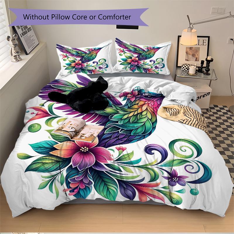 3pcs Colorful Hummingbird with Floral Wings Pattern Bedding Set, 1* Cover + 2*Pillowcases, Printed Bedding Set, Soft and Comfortable, Suitab