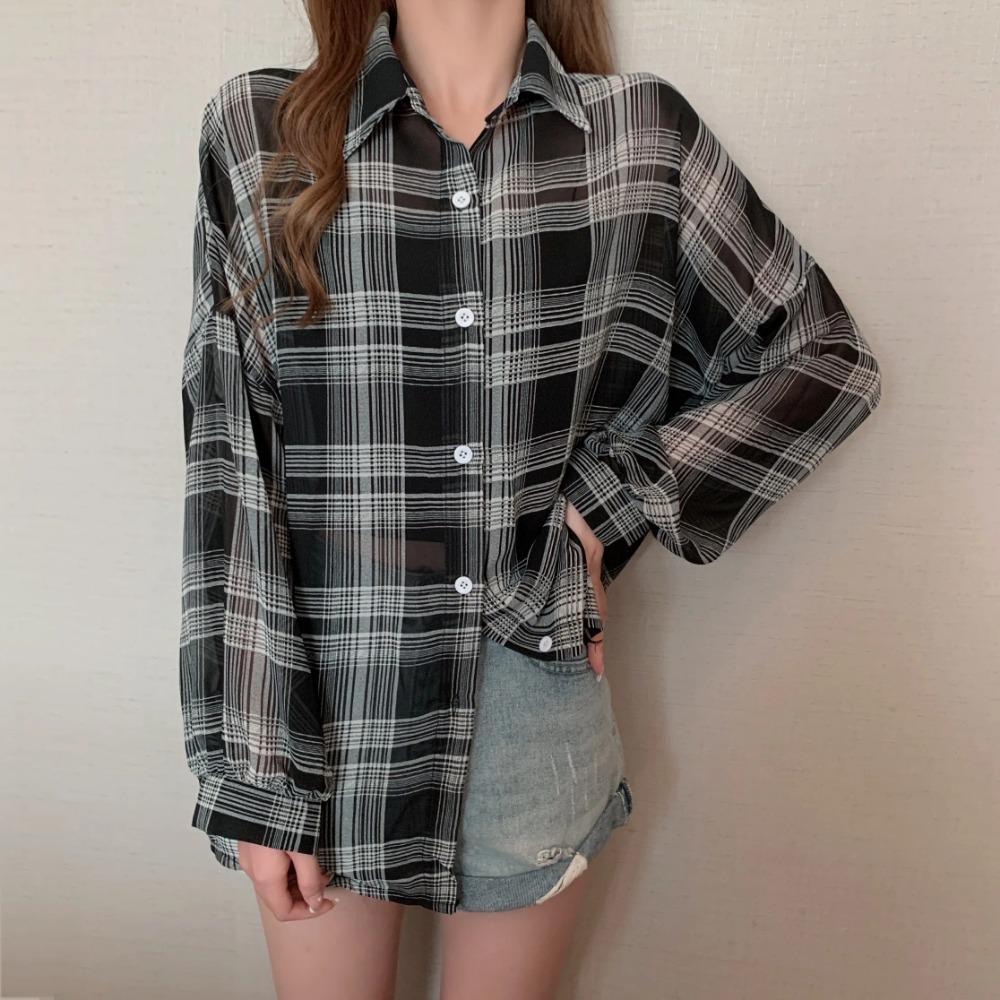 Cămașă Plaid din Șifon Transparent pentru Femei Mărimi Mari cu Guler și Nasturi Bluză de Vară Lejeră Casual