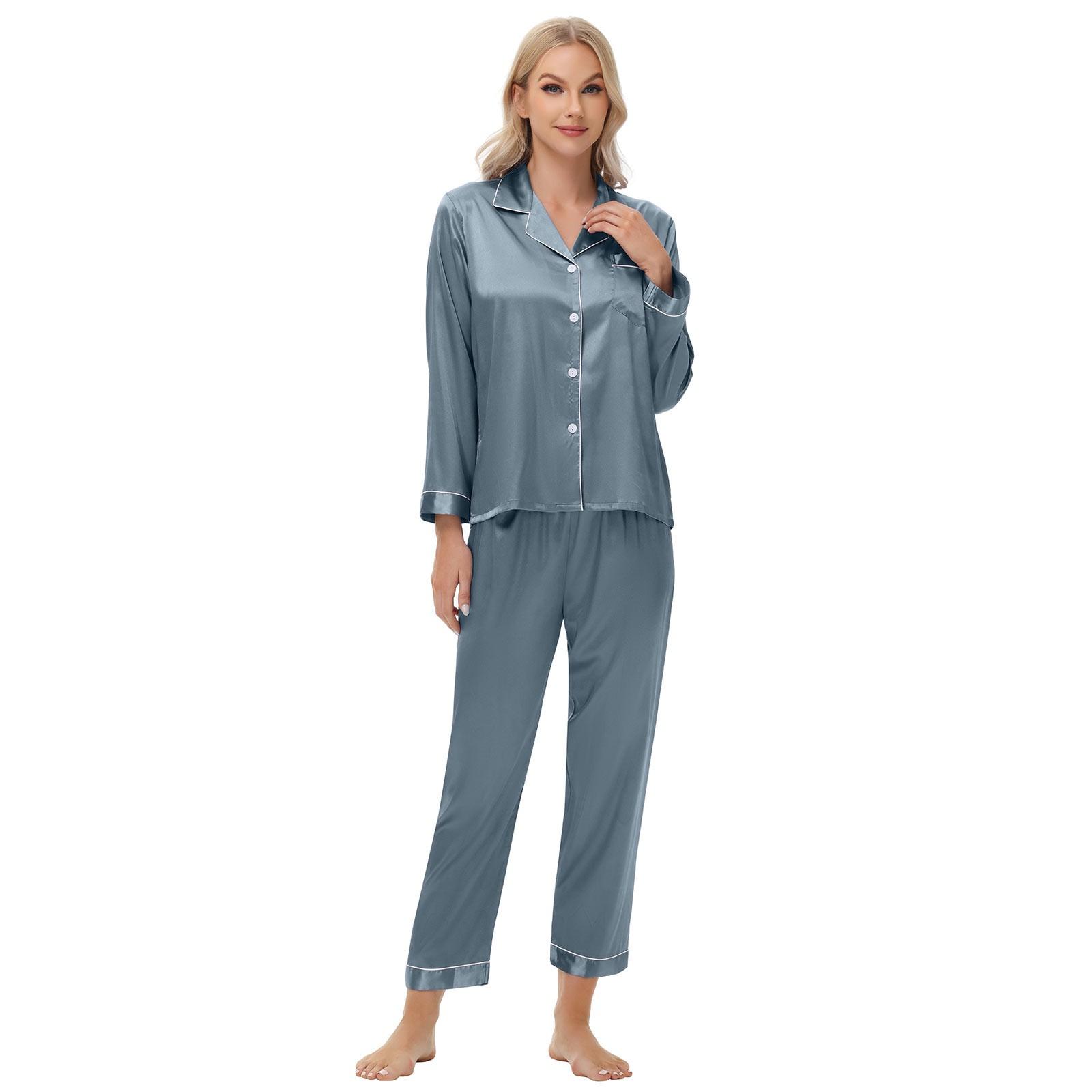 

Жіночий костюм-двійка Ice Silk Шовковий великий розмір з довгими рукавами Жіночий домашній одяг S небо синє кольору