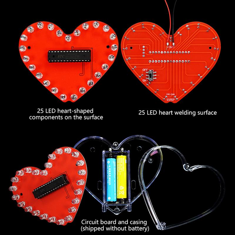 LED Světelný tok ve tvaru srdce DIY Elektronická sada s 32 barevnými LED světly DIY Sada pro pájecí praxi Napájená bateriemi