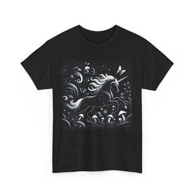 Unisex Erwachsenen T-Shirt Einhorn Schwarz Weiß Wald Glühen Fantasy Designer Grafik