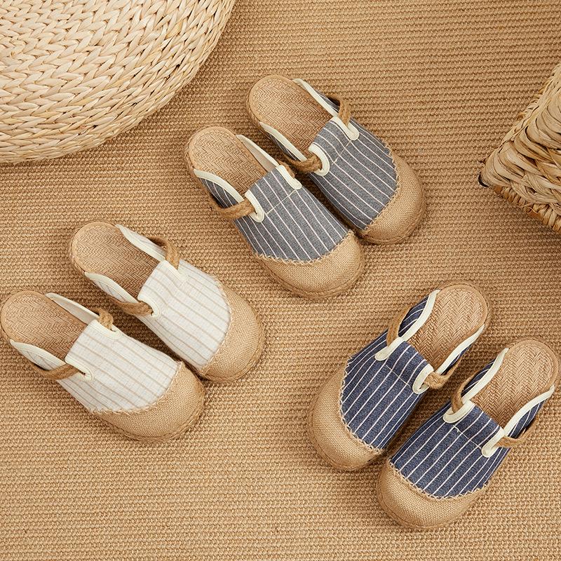 Women’s Ethnic Style Striped Cotton-Linen Slippers for Indoor/Outdoor Use