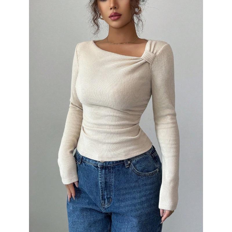 Women S Asymmetrical Neck Long Sleeve Knit Top Slim Fit Autumn Blouse
