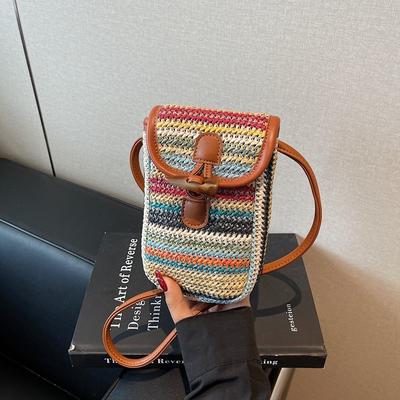 New Straw Woven Rainbow Mobile Phone Bag Fashionable Shoulder Crossbody Under Sand Beach Vacation Style Women's Bag