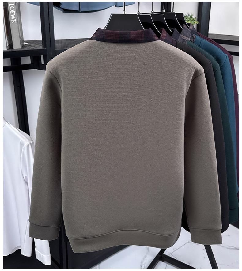 Men's Winter Faux Two-Piece Sweater with Shirt Collar and Velvet-Lined Knitwear