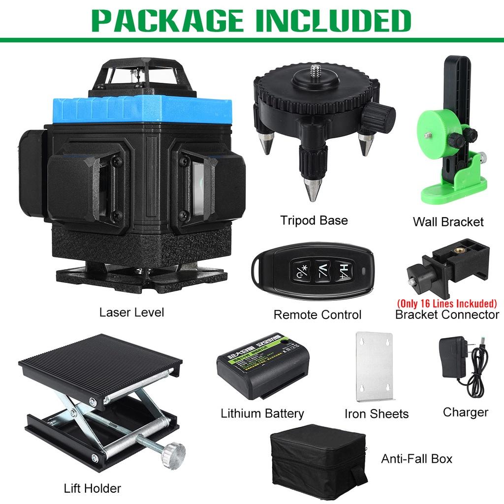 

4D 16 линий зеленого лазерного уровня, дистанционное управление, 360 горизонтальных и вертикальных перекрестных линий с автоматическим самовыравниванием, сверхмощный лазерный луч синий