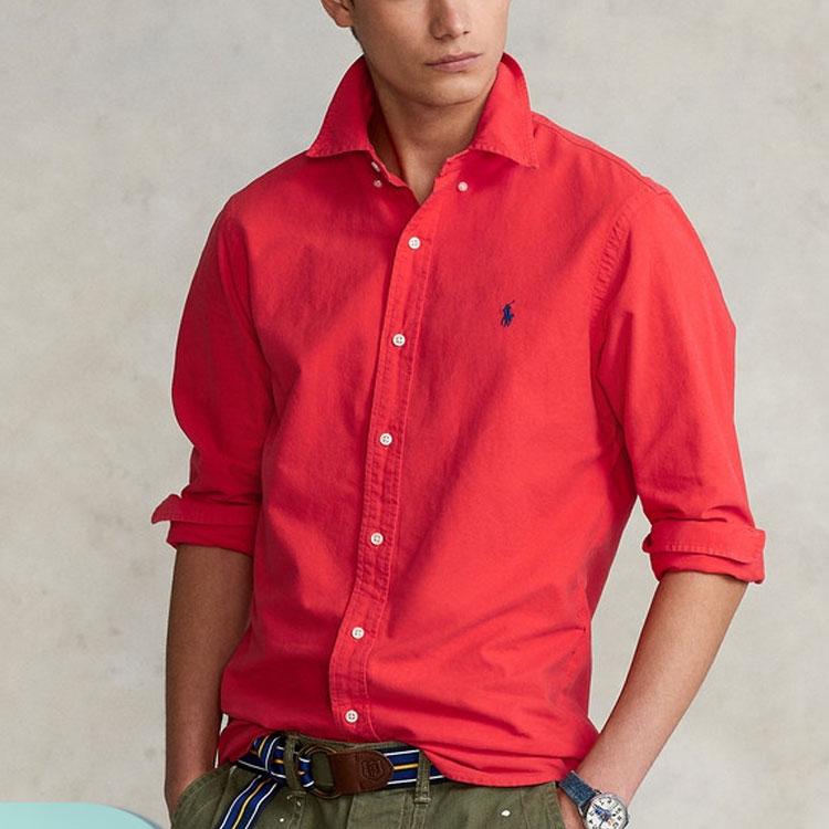 Polo Ralph Lauren Solid Color Polo Collar Long Sleeve Shirt Men Shirts Red RL14548-600
