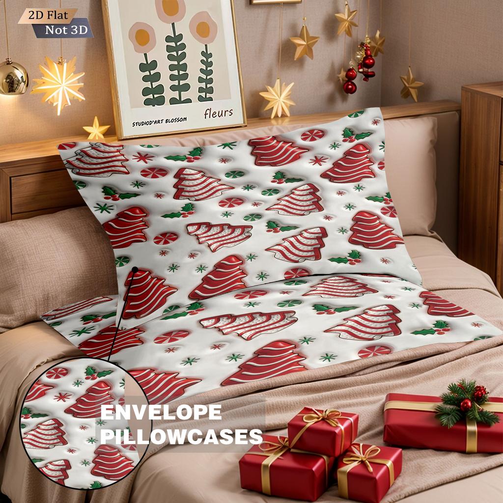 3pcs Red Christmas Tree Printed Coreless Bedding Set Comfortable Multi Size Bedroom and Dormitory Duvet Covers, Machine Washable