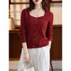 Women's Autumn and Winter New Solid Color Knitted Twist Retro Cardigan Square Neck Design Sweater Short Coat