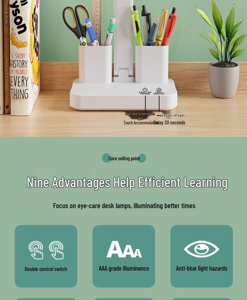 Rechargeable LED Eye-Protection Desk & Bedside Lamp with Pen Holder