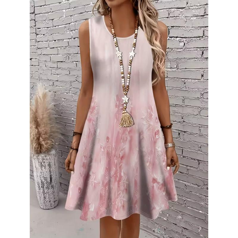 3D Digital Printed Sleeveless Plus Size Women's Dress Fashion Flower Pattern Elastic O Neck Summer Dress