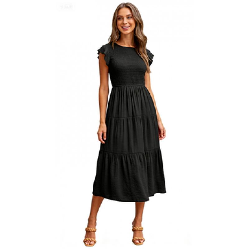 Women's Flying Sleeve Pleated Layered Short Sleeve Large-Swing Dress
