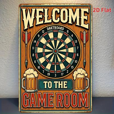 Vintage Dartboard Welcome Sign    Metal Wall Art with Beer Mugs  TO THE GAME ROOM Text Rustic Home Bar Cafe Garage Dec