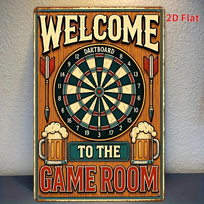 

Vintage Dartboard Welcome Sign Metal Wall Art with Beer Mugs TO THE GAME ROOM Text Rustic Home Bar Cafe Garage Dec 20x30cm（7.8x11.8inch）