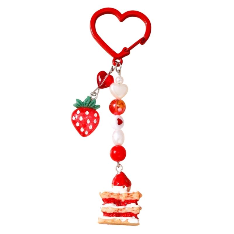 

Strawberry Cake Designs Keychain Heart Bead Accent Sweet Bag Accessory Jewelry Gift For Women Alloy Resin Pendant