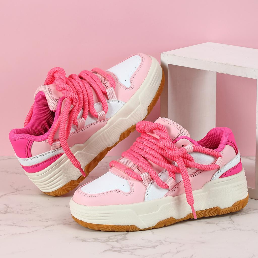 Fashion Platform Sneakers Women Chunky Shoes PU Leather Casual Shoes Ins Board Shoes Lace-up Outdoor Walking Footwear