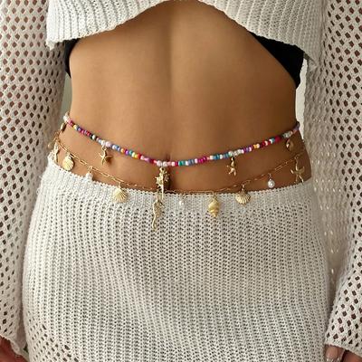 Adjustable Elastic Beaded Belly Chain for Women Gold Color Ocean Charm Summer Beach Waist Beads Comfortable Body Jewelry Gift