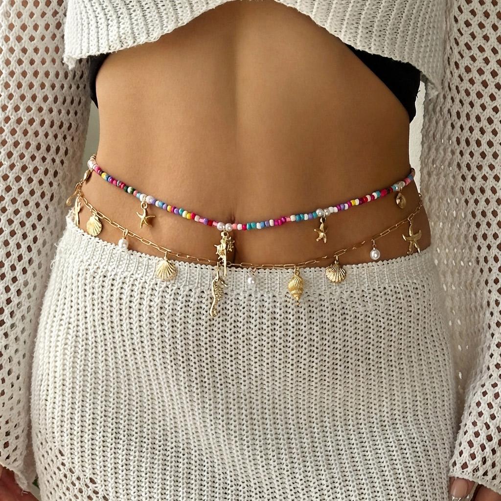 Adjustable Elastic Beaded Belly Chain for Women Gold Color Ocean Charm Summer Beach Waist Beads Comfortable Body Jewelry Gift