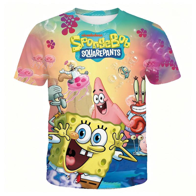 SpongeBob SpongeBob SpongeBob Cartoon Children Short-Sleeved T-Shirt 3-13 Years Old Boys Girls Pie Big Star Crab Boss Sandy Breathable Half-Sleeved Mi