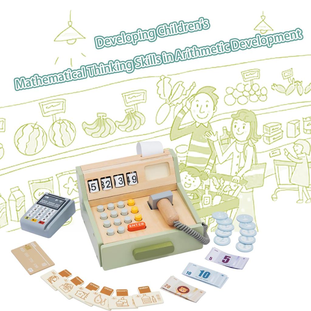 UMU Cash Register Toy Self-Checkout Set - Pretend Play Shopkeeper - Wooden Toy with Money and Bills - 35 Pieces - Educational Toy - Shopping Together