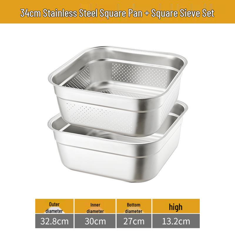 Large 304 Stainless Steel Colander with Lid - Square Vegetable Washing and Oil Draining Basin