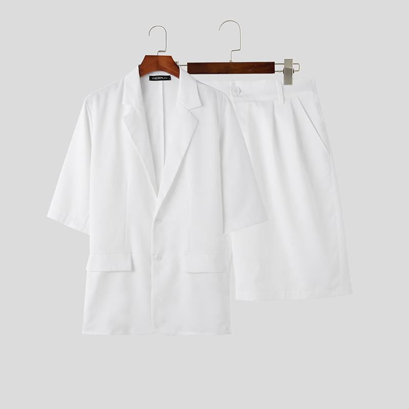 

INCERUN летние мужские комплекты из 2 предметов с короткими рукавами, пиджаки, топы, шорты, повседневные однотонные костюмы L белый