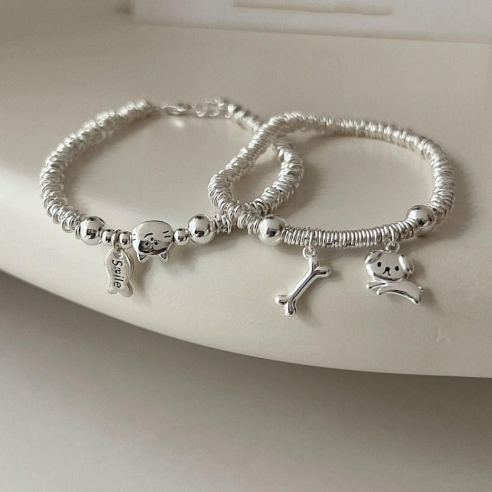 2PCS Cute Cat Fish Bracelet Lovers Friends Metal Beaded Bracelet Cute Dog Bracelets  Friendship