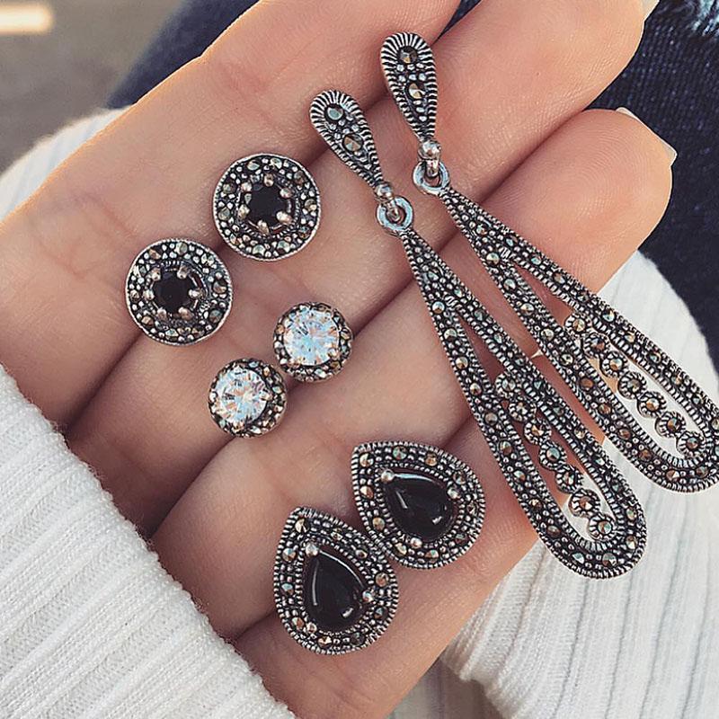 2 Style Vintage Stainless Natural Crystal Stud Earring Set Hypoallergenicearrings Jewelry Gifts
