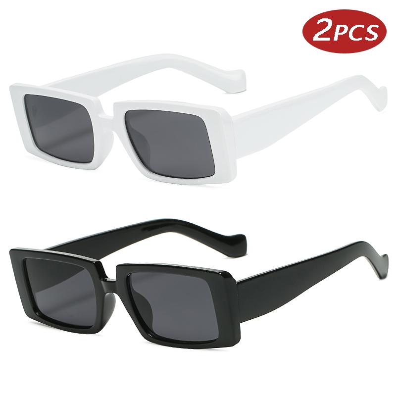 2pcs Sets Trendy Rectangle Sunglasses Small Frame Square Sunglasses Outdoor Sports Travel Vintage Gradient Eyeglasses UV400