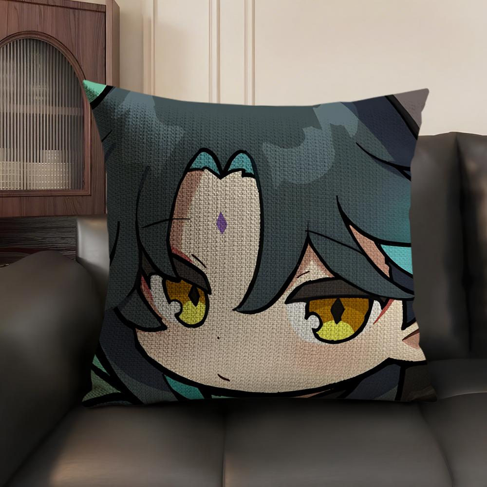 Xiao Cute Genshin Impact Cushion Cover Natural Linen Organic Fabric Double-Sided Printing Sofa Home Decor Gift Pillow Case
