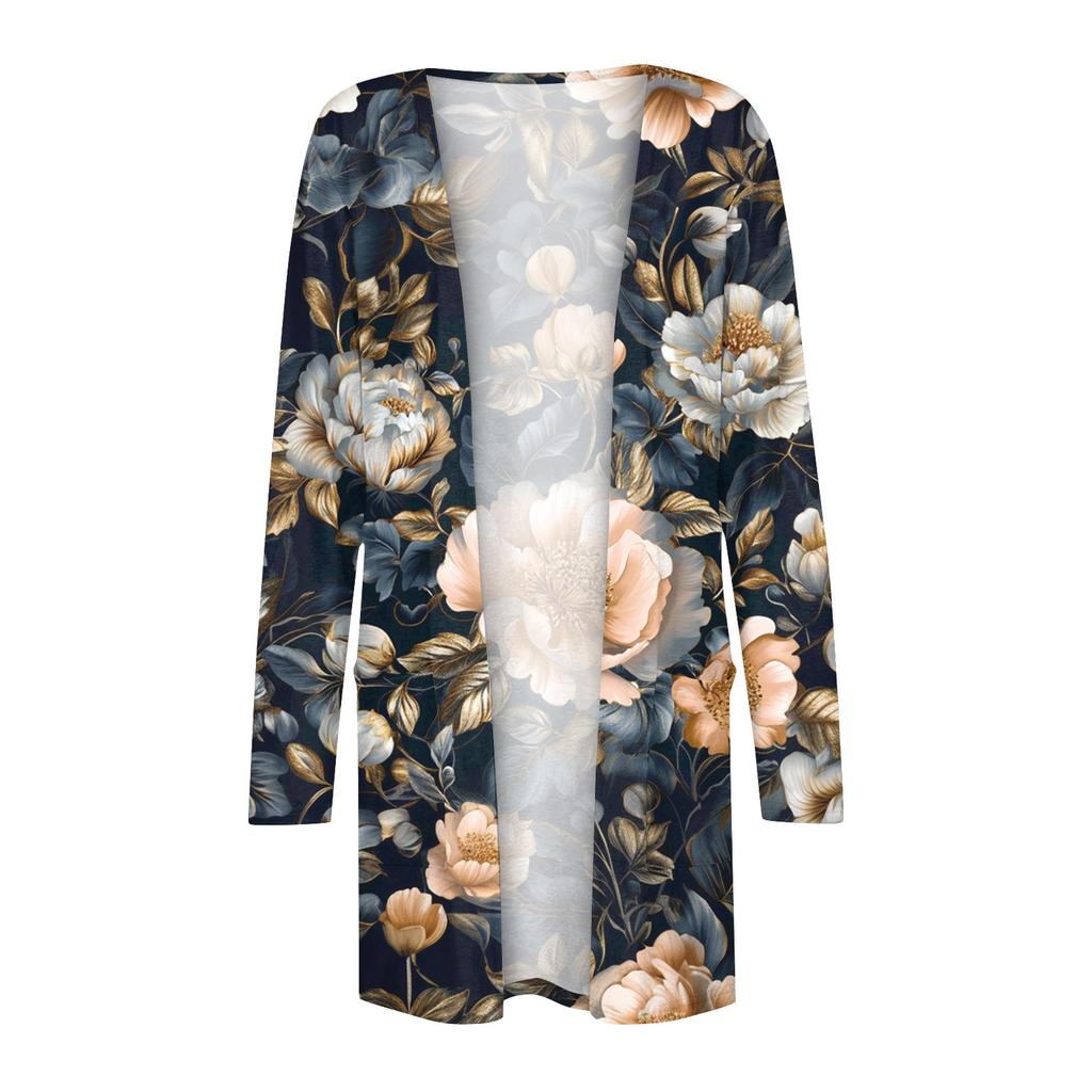 Women's Fashion Casual Retro Floral Print Mid-Length Cardigan Jacket