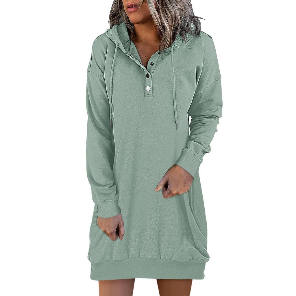 Damen Kleider Langarm Kordelzug Pullover Top Kleid Casual Hoodie Pullover Kleid Kleider