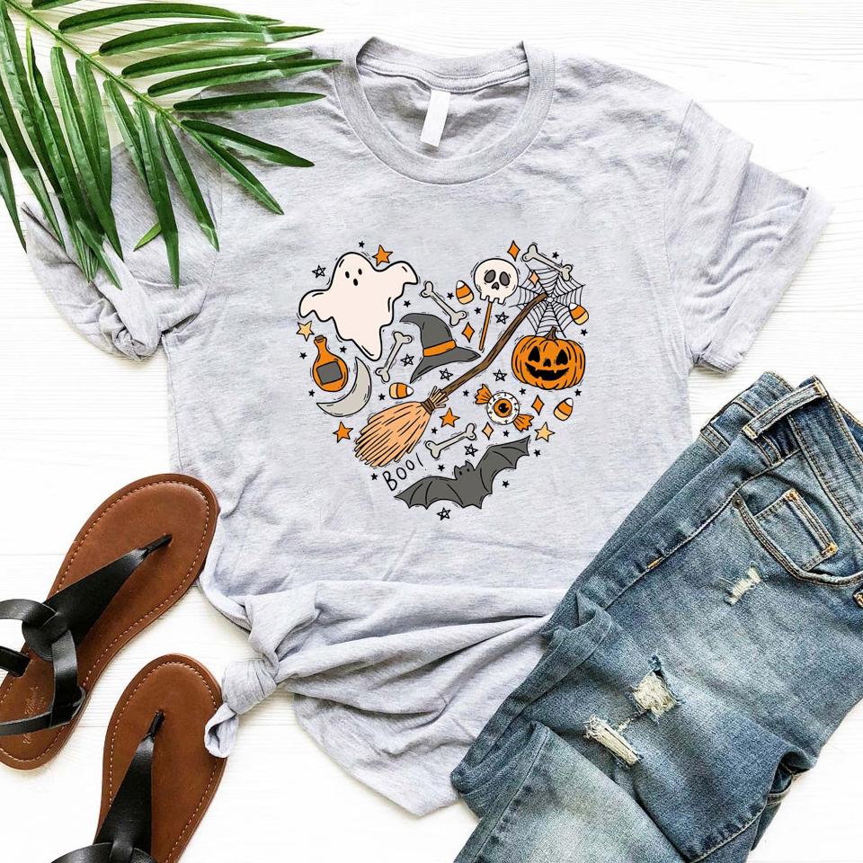 Halloween Doodles Graphic T Shirts Halloween Tshirt Happy Halloween Heart T Shirt Short Sleeve Women Clothing Streetwear Tops